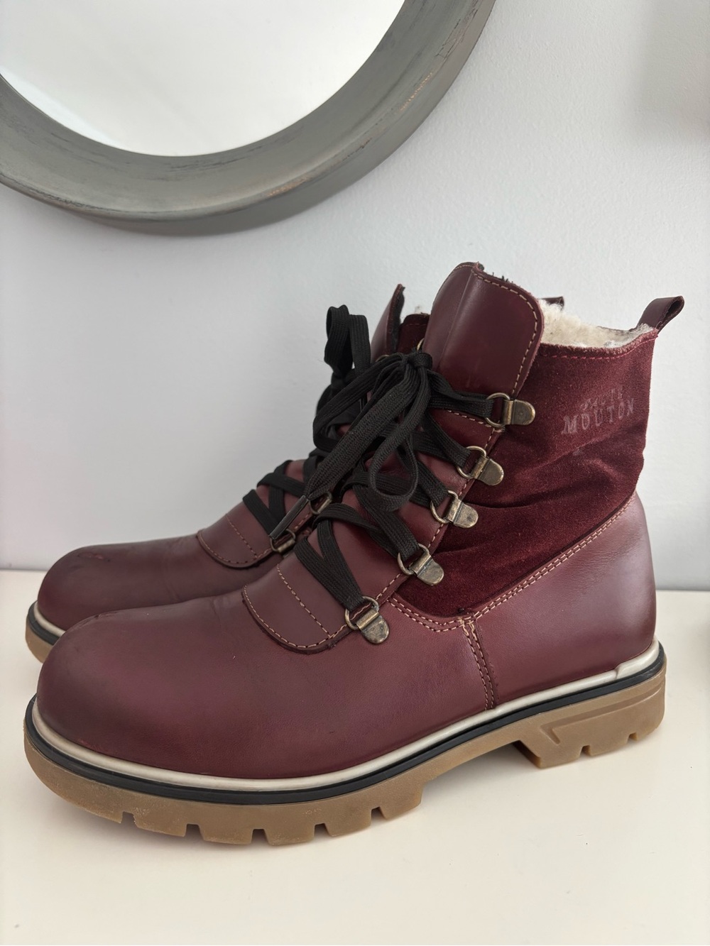 Women's Burgundy Winter Lace-Up Boots with Faux Fur Lining and ice spikes